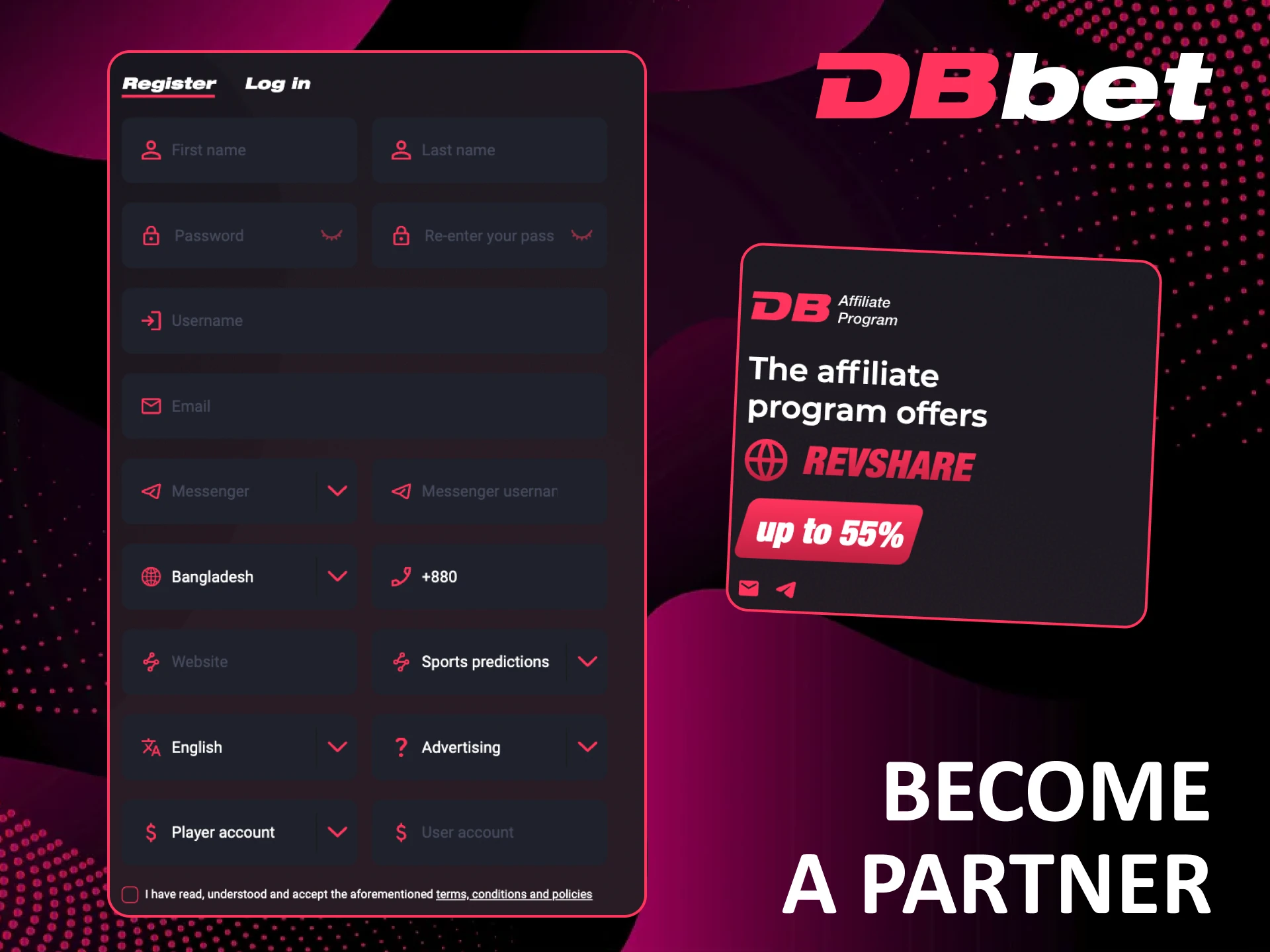 Fill out the registration form for the Dbbet online casino affiliate program.