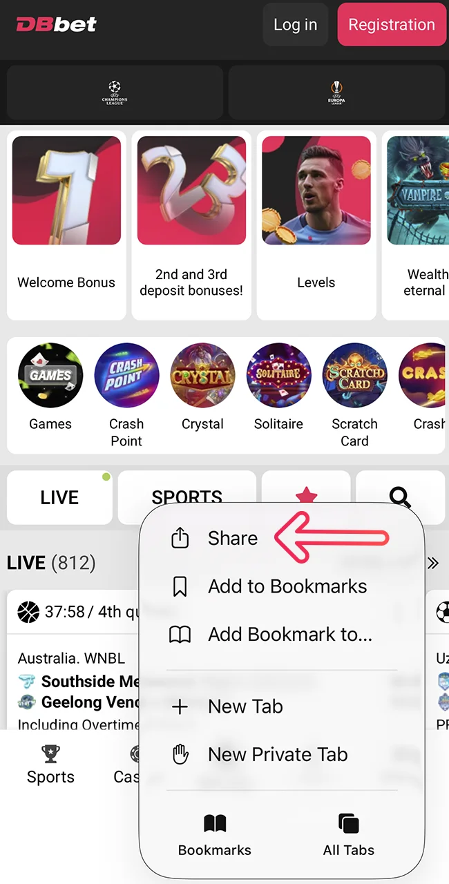Click Share to install the Dbbet app.