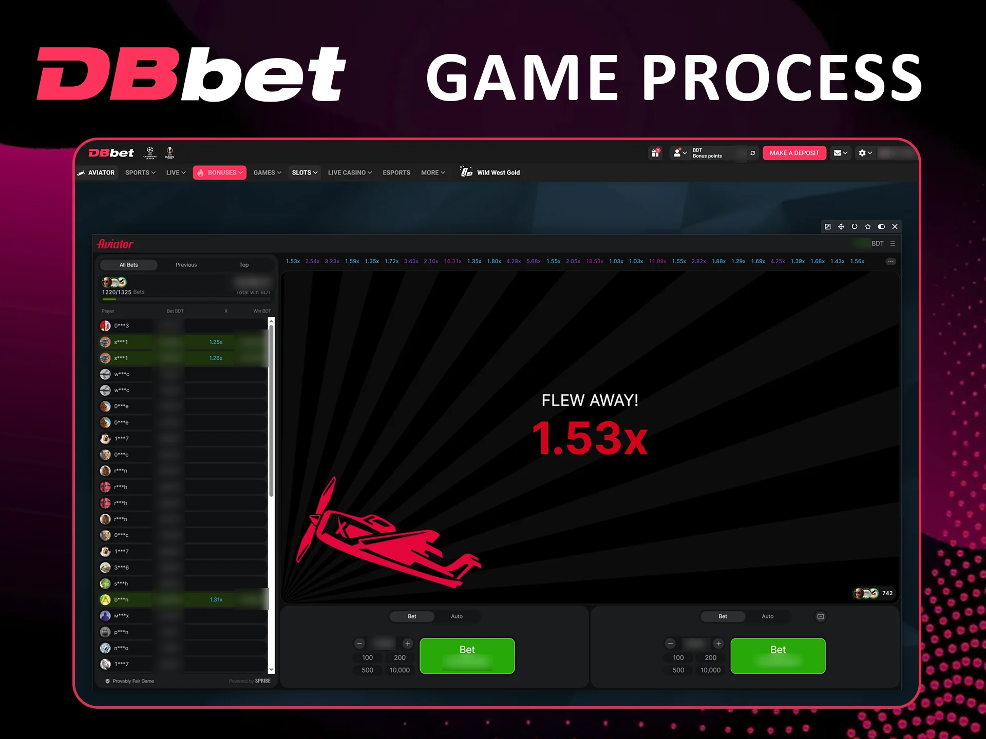 Aviator gameplay process at Dbbet online casino.