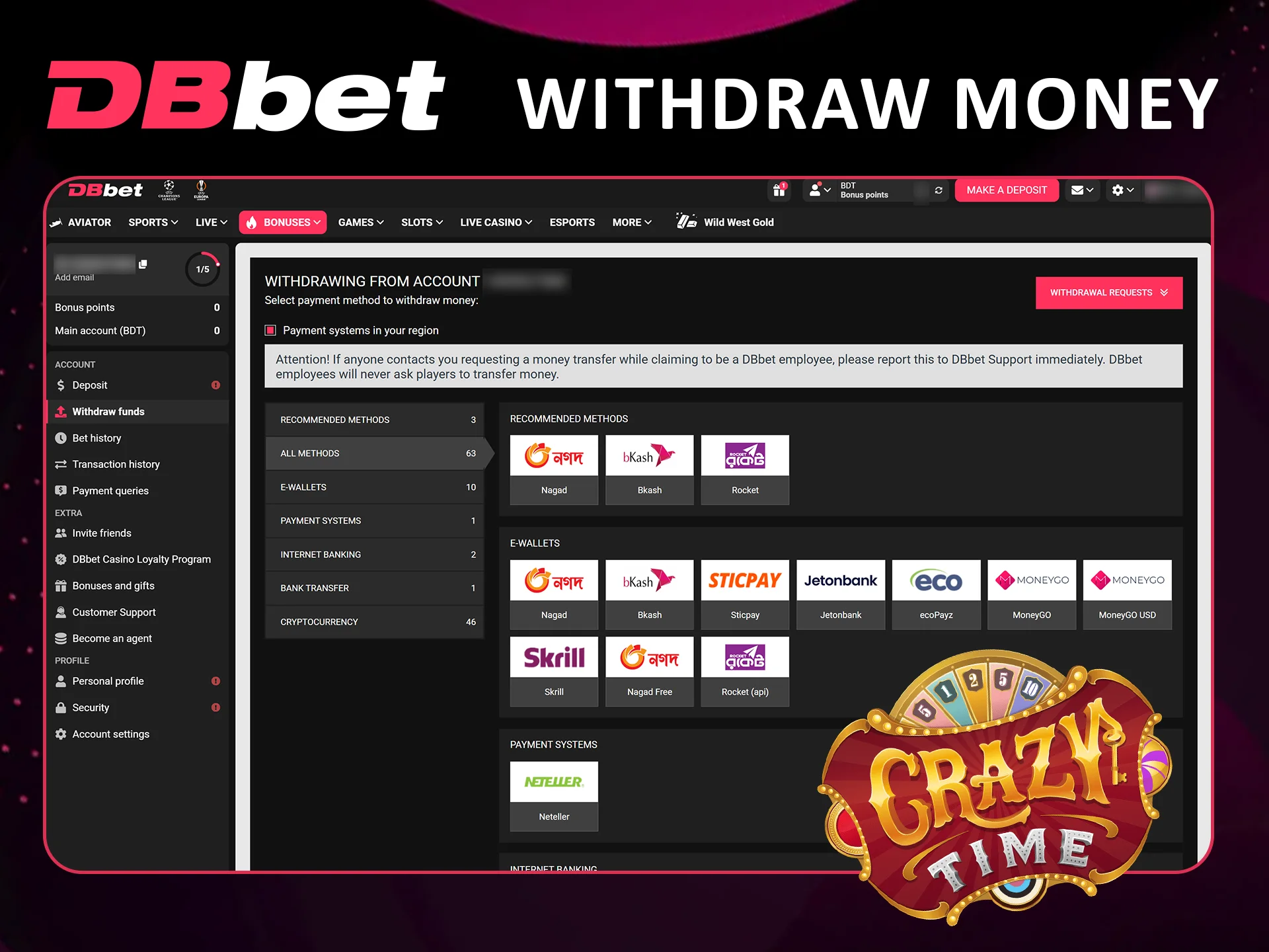 Cash out Crazy Time winnings from Dbbet.
